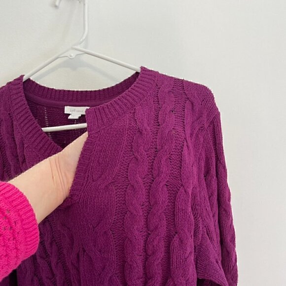 J. JILL Split Neck Chenille Tunic Sweater Solid Purple Chunky Cable Knit Large L - Picture 6 of 12